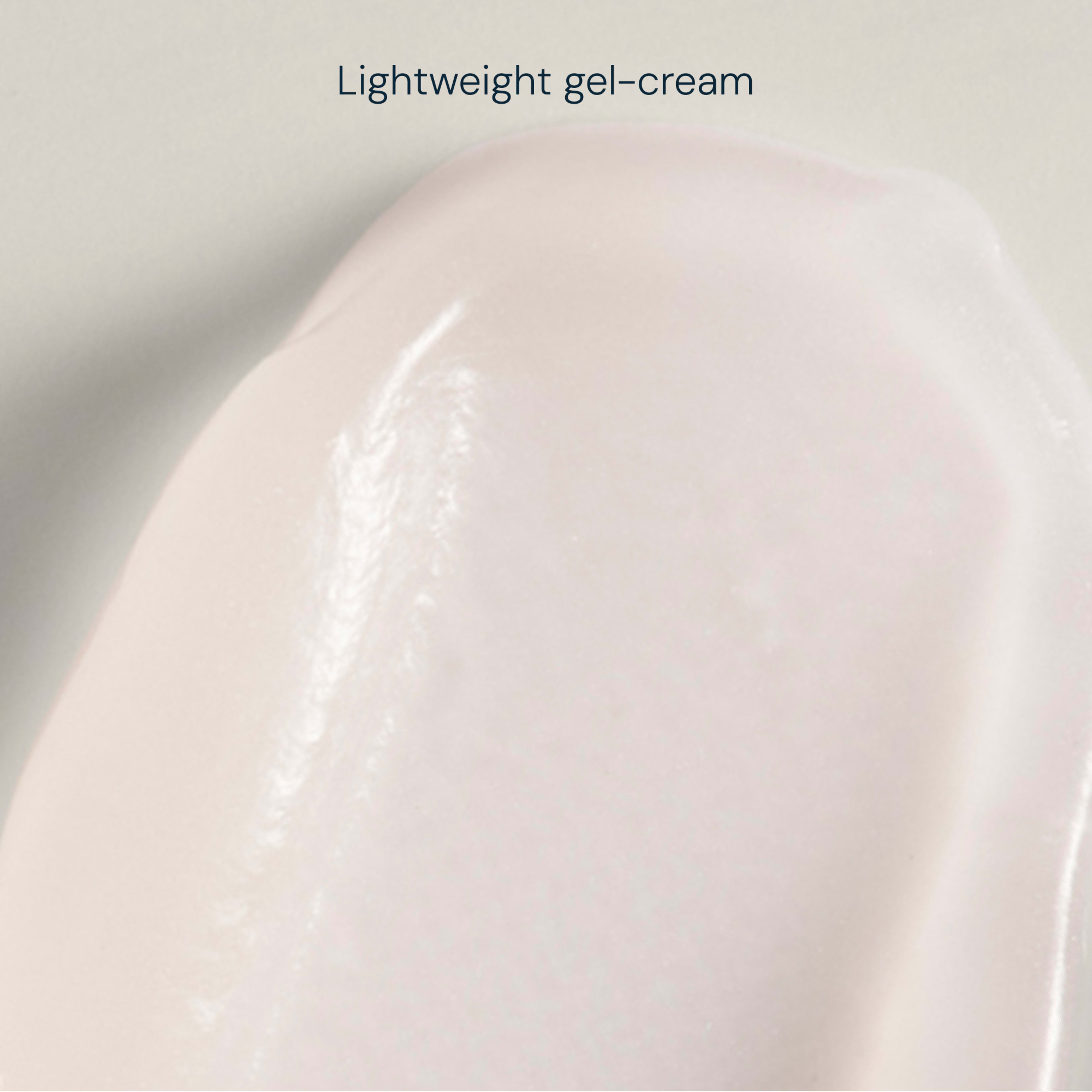 Close-up swatch of pale pink lightweight gel-cream texture with the text “Lightweight gel-cream” above.