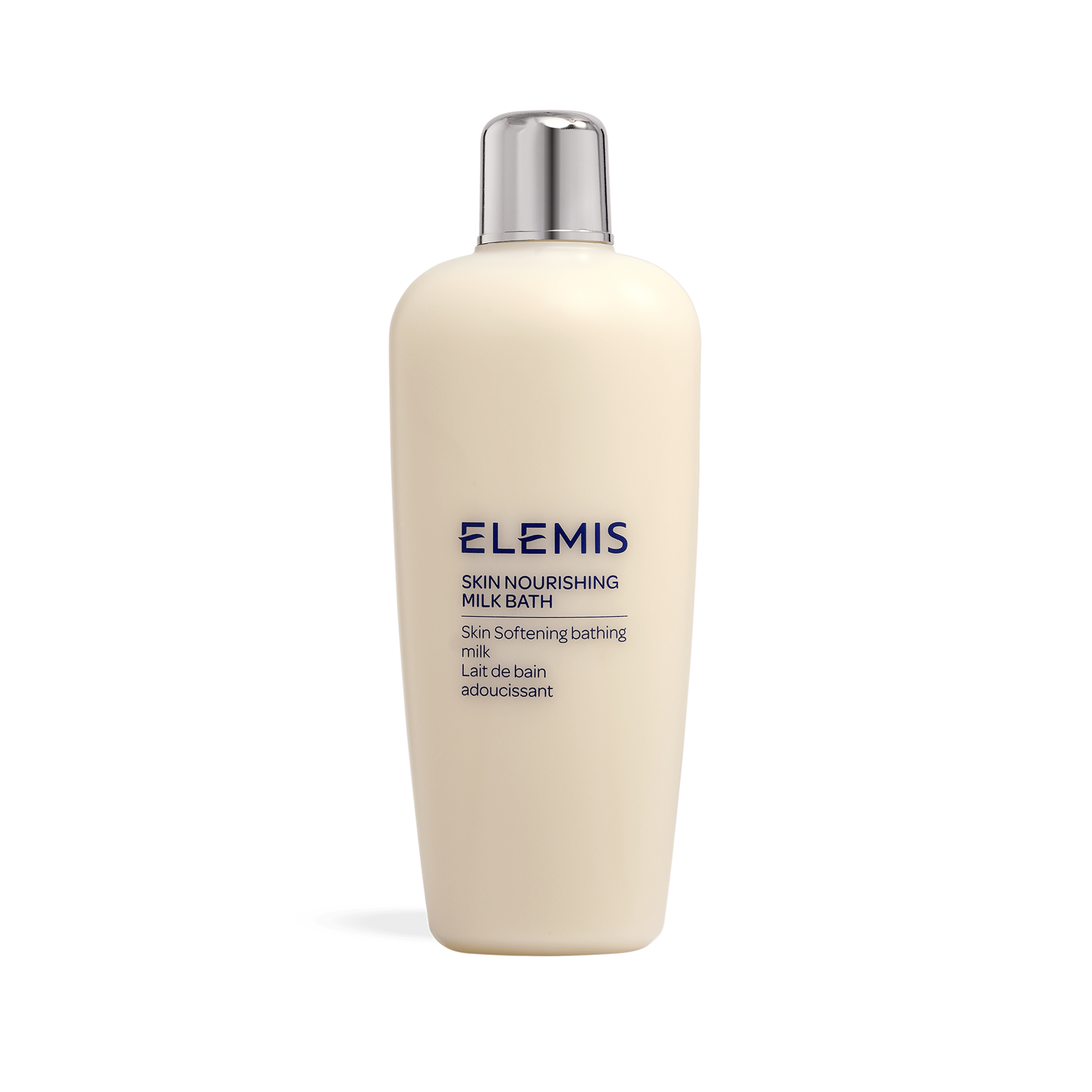 ELEMIS Skin Nourishing Milk Bath bottle standing upright, showing the label text: "ELEMIS Skin Nourishing Milk Bath, Skin Softening bathing milk, Lait de bain adoucissant" on a plain background.