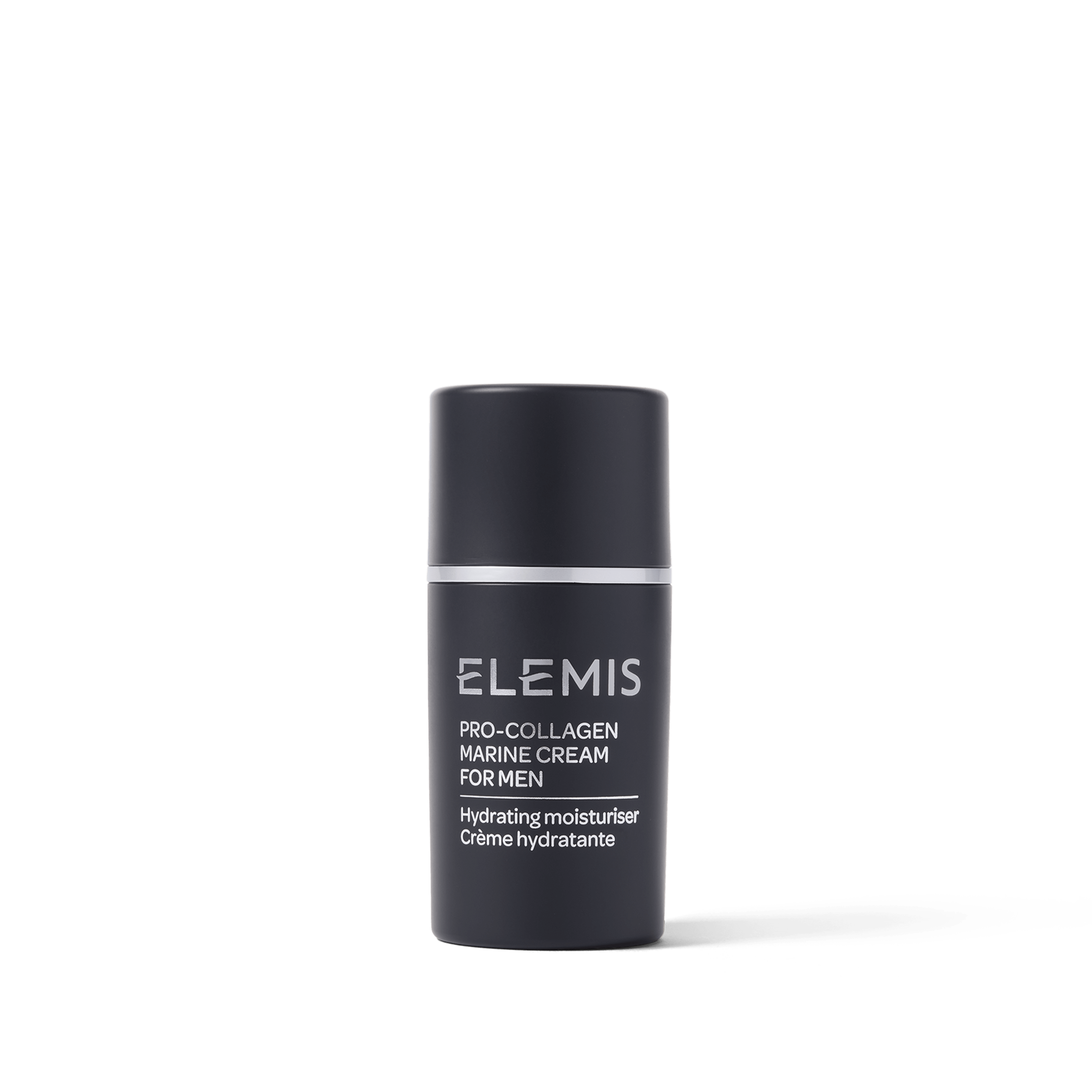 ELEMIS Pro-Collagen Marine Cream for Men in a sleek dark cylindrical bottle with silver band, described as a hydrating moisturiser.