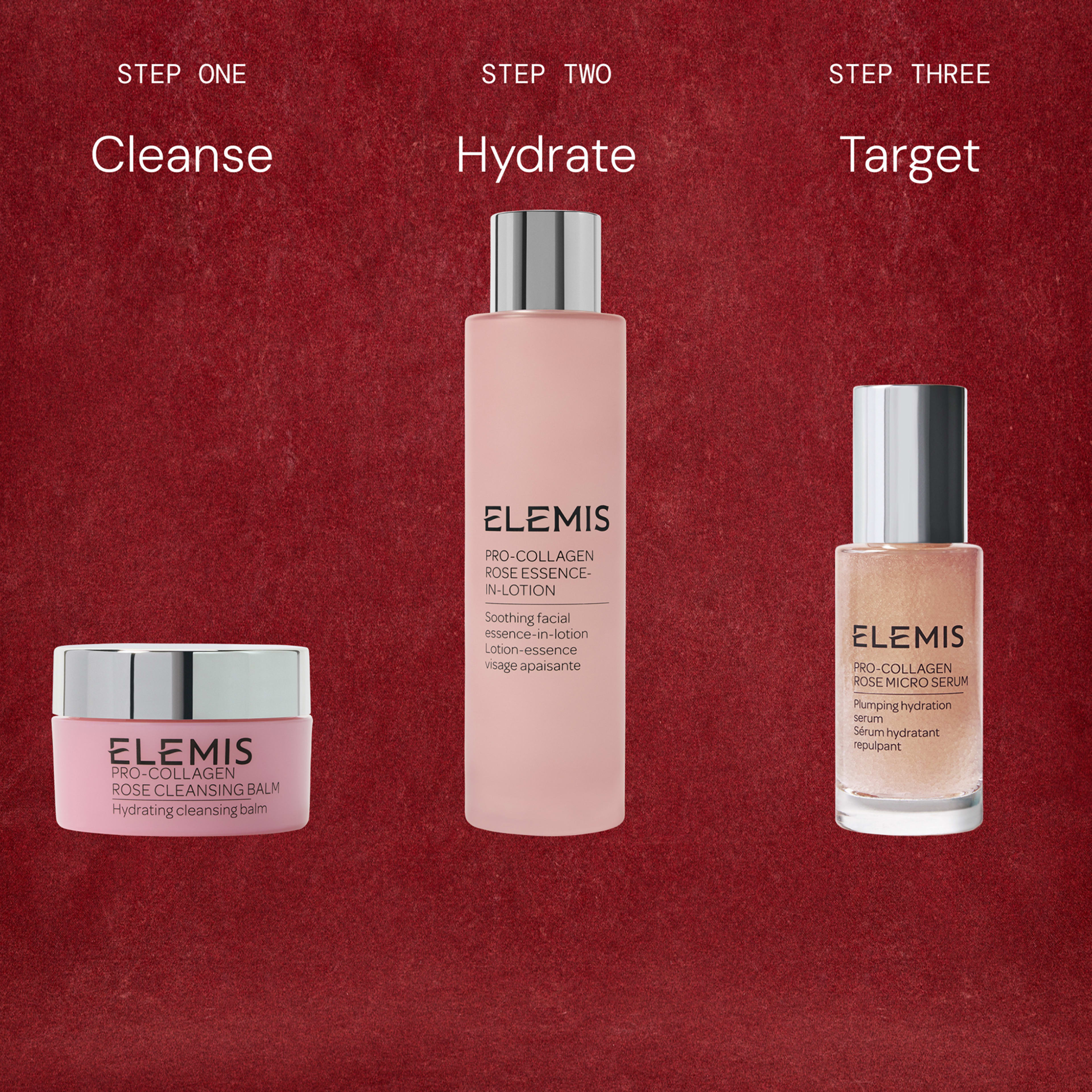 ELEMIS three-step rose skincare routine on a red background: step one Cleanse with Pro-Collagen Rose Cleansing Balm, step two Hydrate with Pro-Collagen Rose Essence-In-Lotion, step three Target with Pro-Collagen Rose Micro Serum.