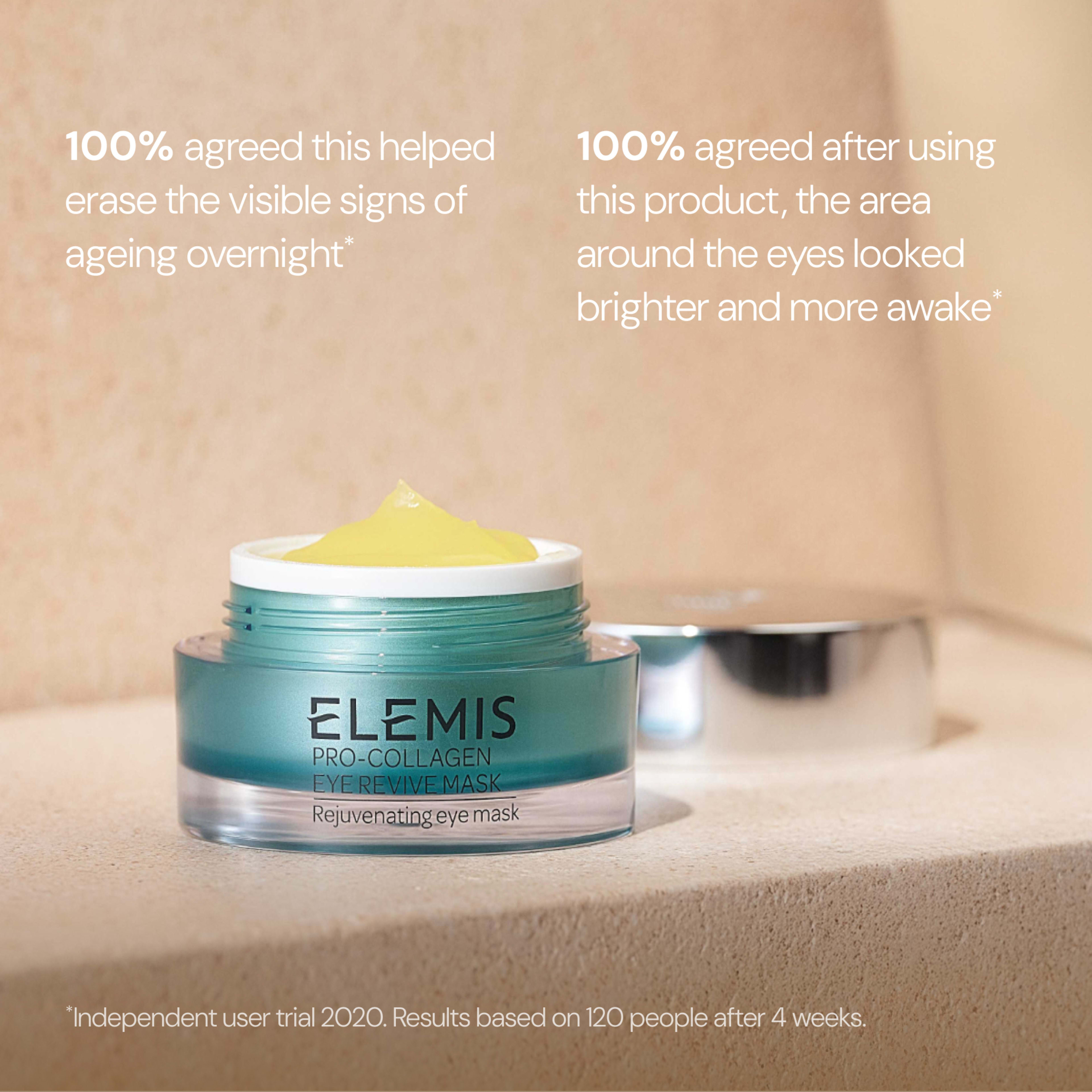 ELEMIS Pro-Collagen Eye Revive Mask jar with yellow gel on a beige surface, silver lid behind. On-image text: “100% agreed this helped erase the visible signs of ageing overnight” and “100% agreed the eye area looked brighter and more awake”, with small-print trial note.