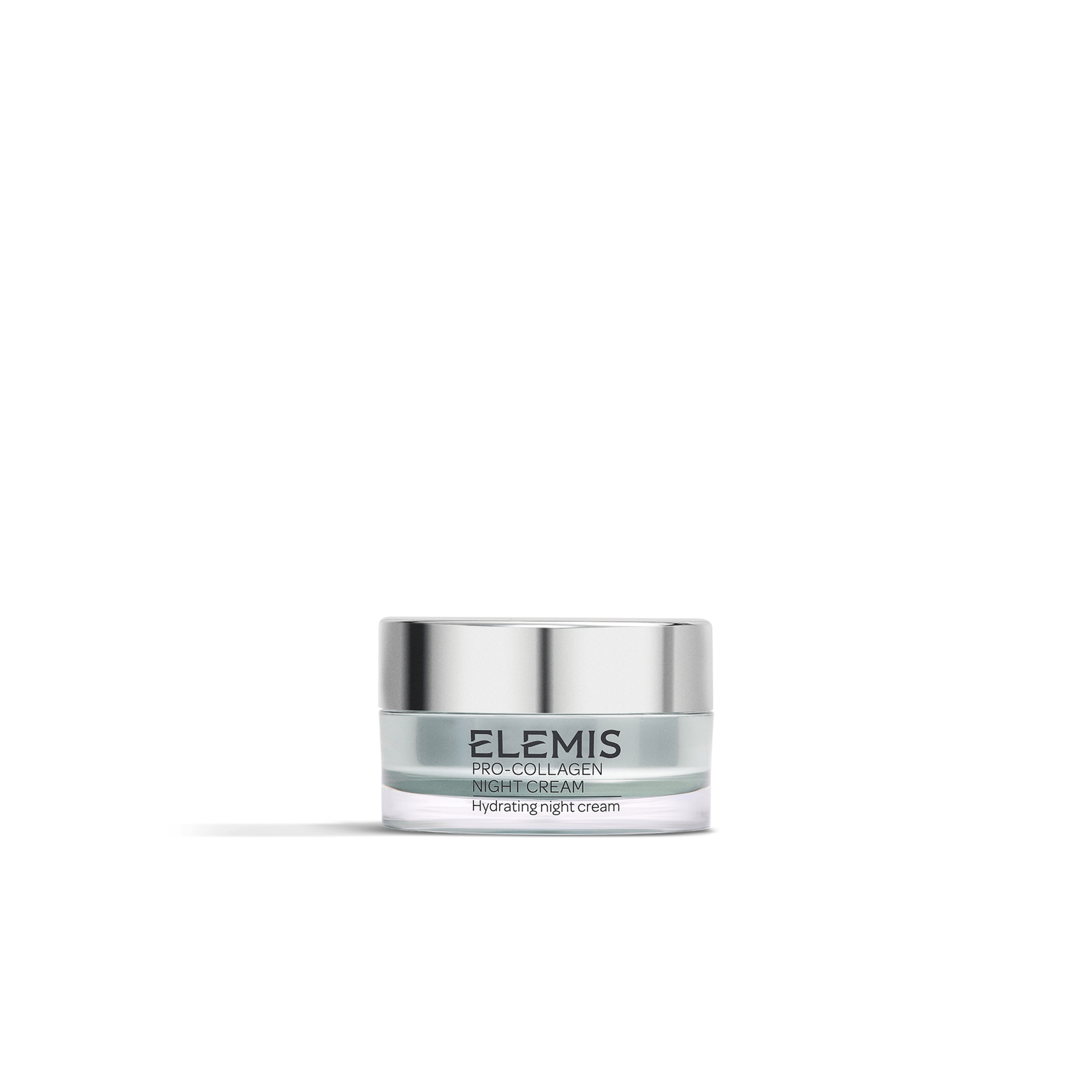 ELEMIS Pro-Collagen Night Cream jar with silver lid on a plain white background, labelled as a hydrating night cream.