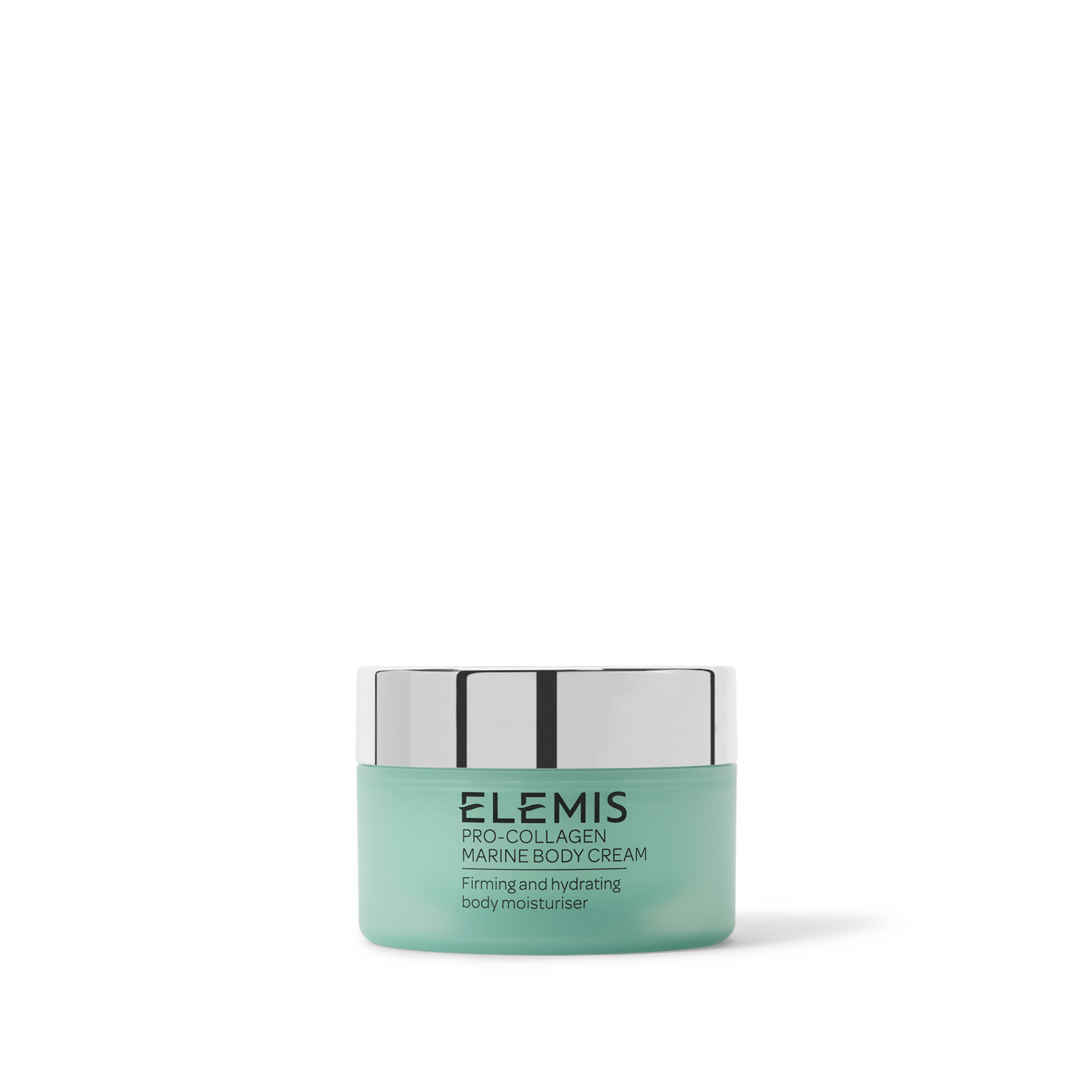 ELEMIS Pro-Collagen Marine Body Cream jar with silver lid, described on the label as a firming and hydrating body moisturiser.