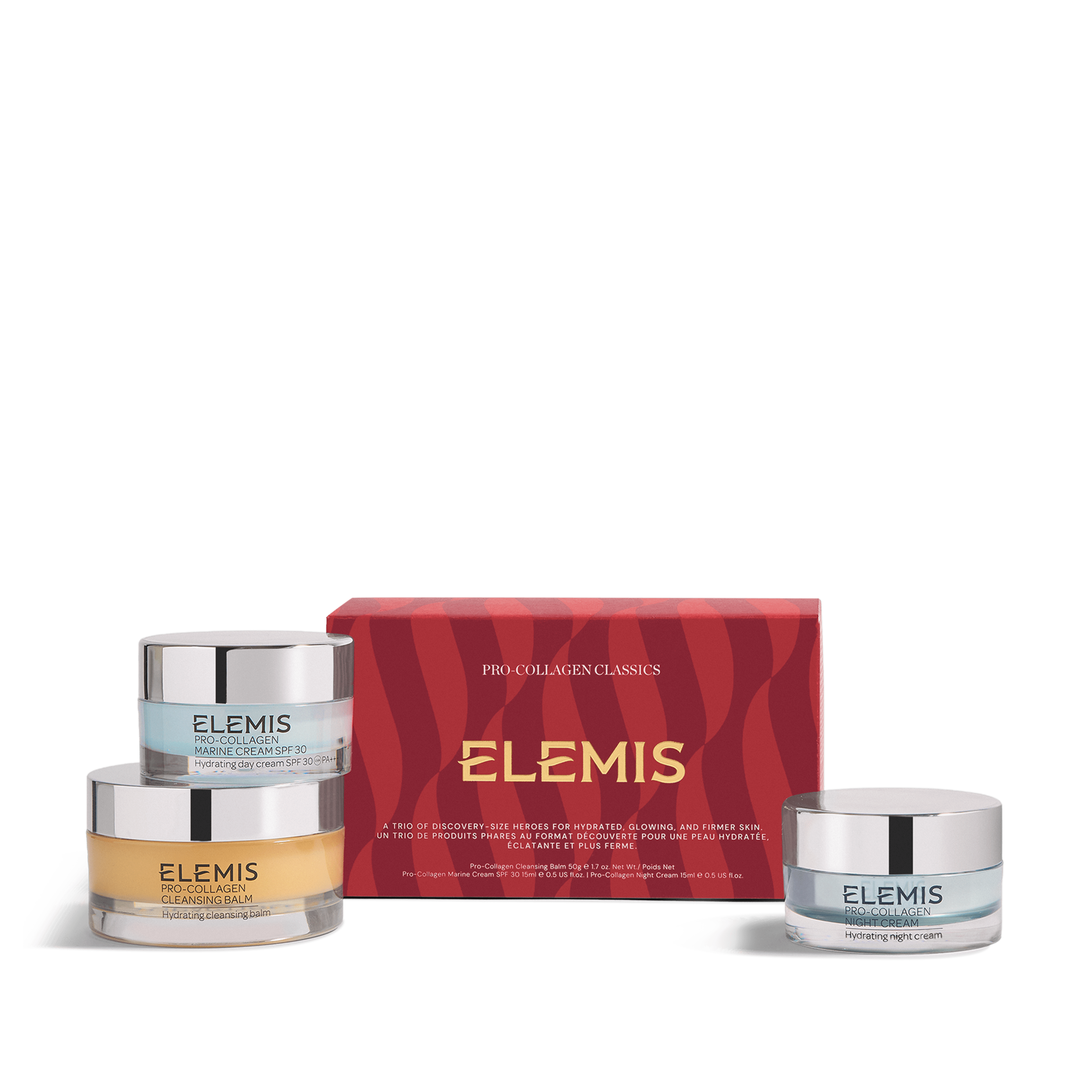 ELEMIS Pro-Collagen Classics gift set with red patterned box and three jars: Pro-Collagen Marine Cream SPF30, Pro-Collagen Cleansing Balm and Pro-Collagen Night Cream arranged in front on a light surface.