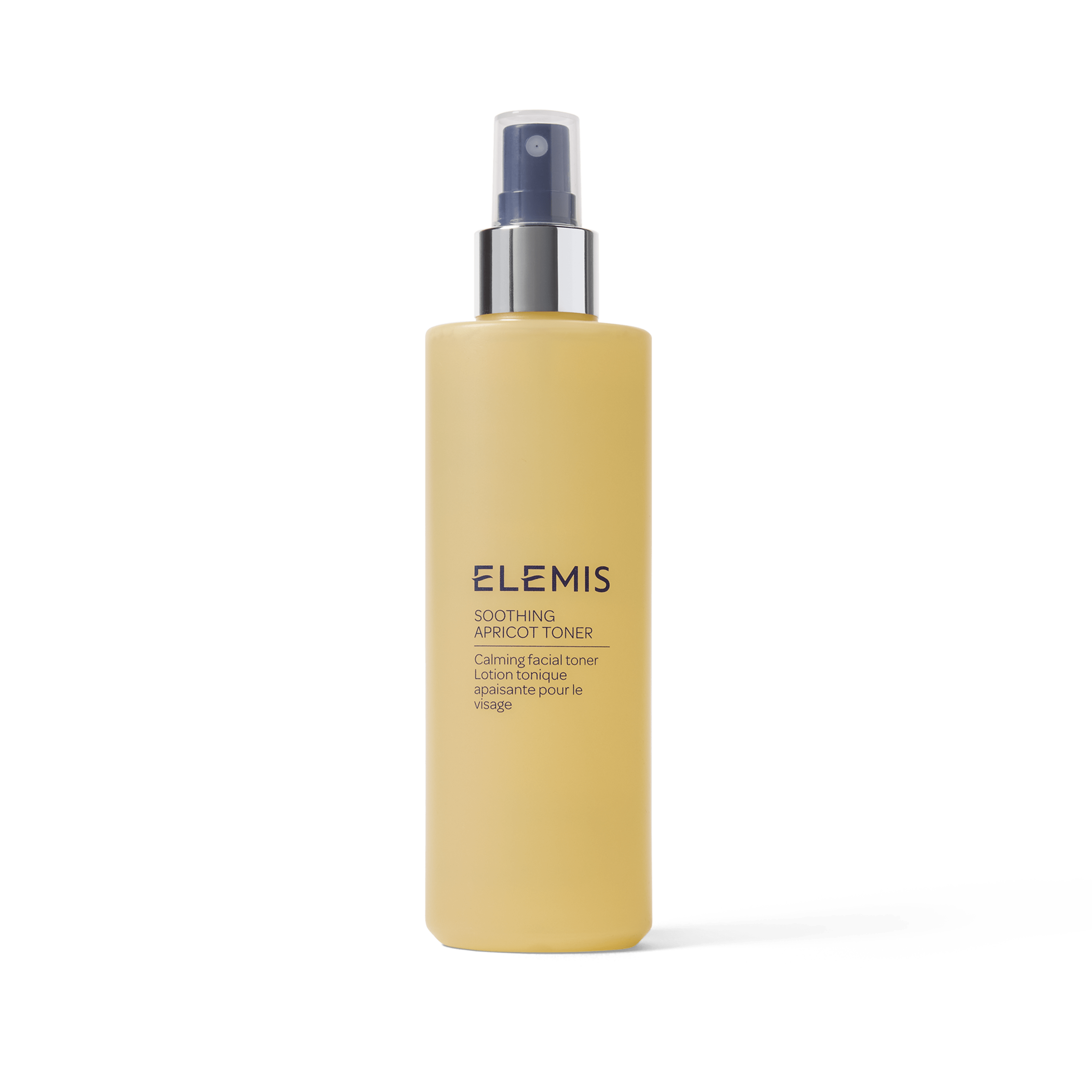 ELEMIS Soothing Apricot Toner in a tall yellow spray bottle with silver and grey pump, described as a calming facial toner and soothing lotion tonique for the face.