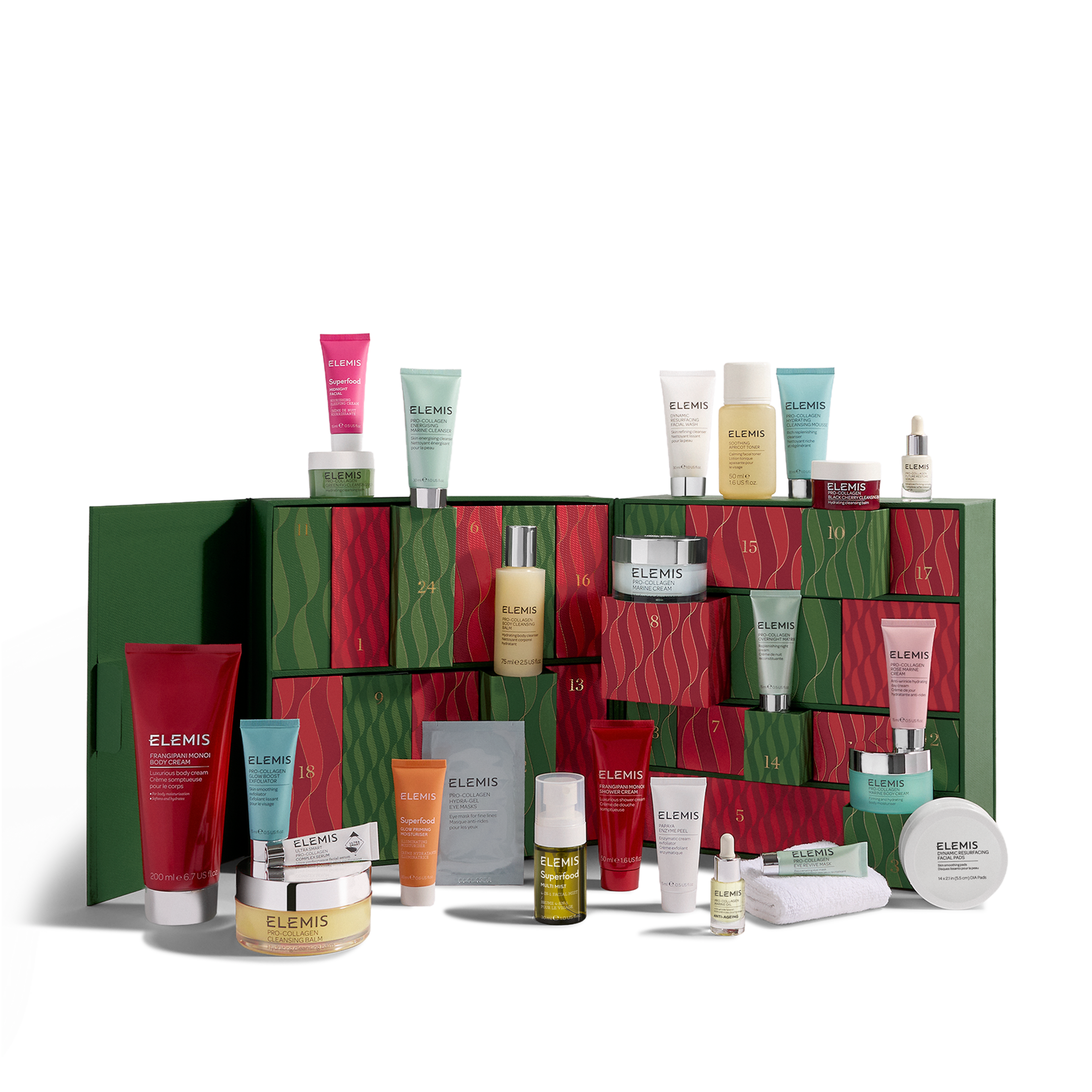 ELEMIS advent calendar gift set with red and green numbered drawers surrounded by assorted skincare products, including cleansers, moisturisers, serums and oils in tubes, jars and bottles, arranged in front and on top of the box.