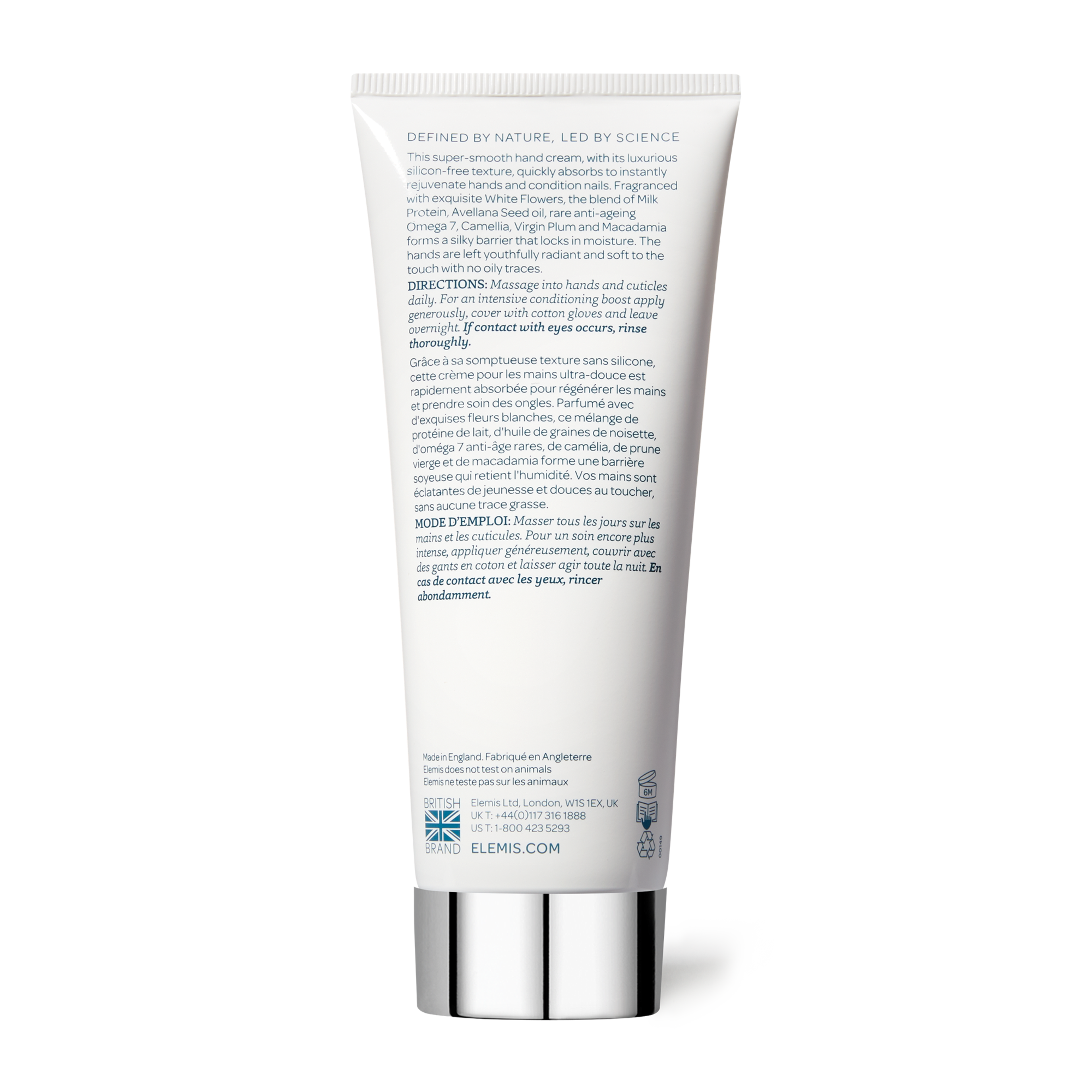 White tube of ELEMIS hand cream standing upright, showing English and French directions to massage into hands and cuticles daily, warning to avoid eye contact, and noting it is made in England and not tested on animals.