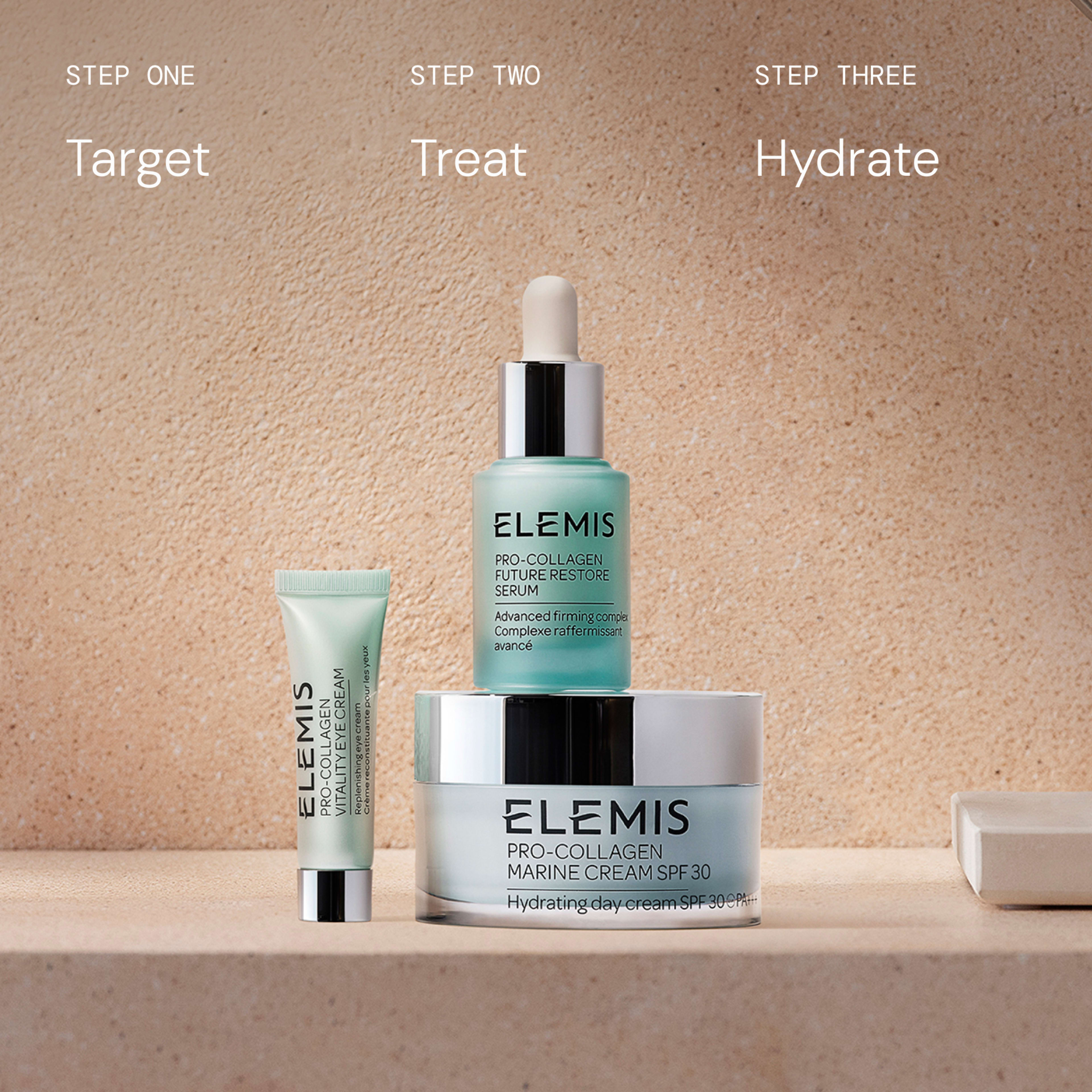 ELEMIS Pro-Collagen skincare trio on a stone surface with text showing a three-step routine: step one target, step two treat, step three hydrate. Products include Vitality Eye Cream, Future Restore Serum and Marine Cream SPF30.