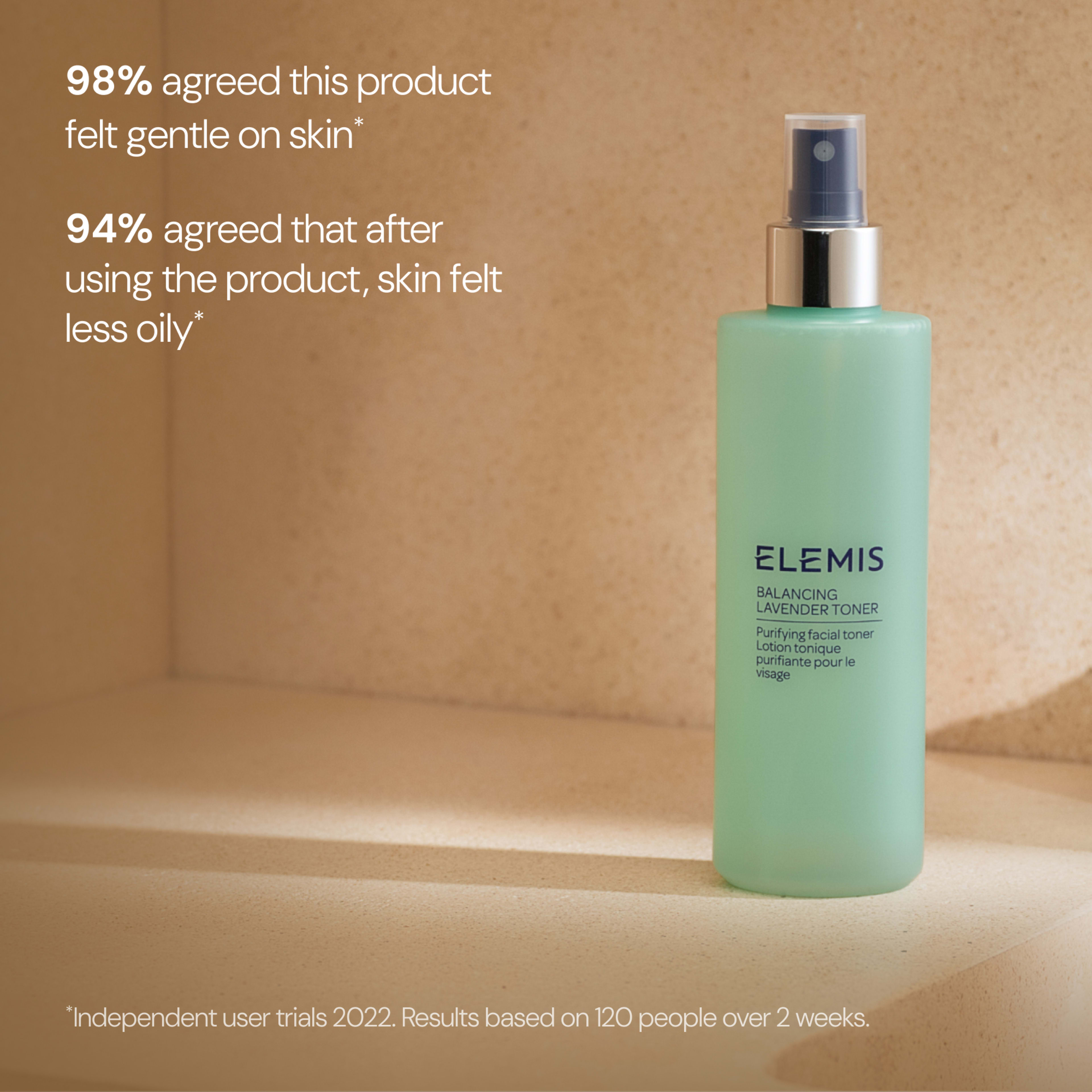 ELEMIS Balancing Lavender Toner bottle on a beige surface with text stating 98% agreed the product felt gentle on skin and 94% agreed skin felt less oily after use, based on independent user trials in 2022 with 120 people over 2 weeks.