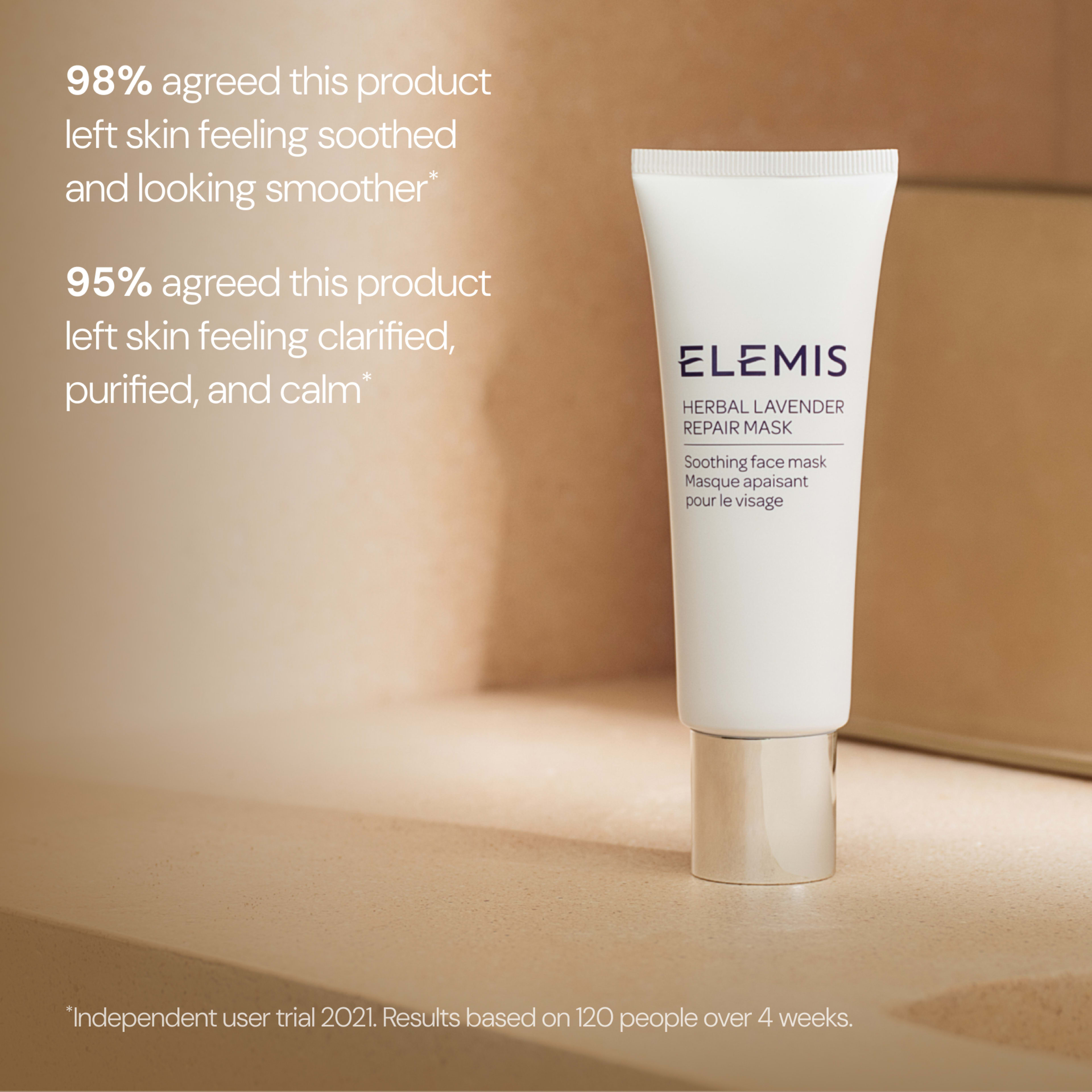 ELEMIS Herbal Lavender Repair Mask tube standing on a beige surface with text stating 98% of users agreed it left skin feeling soothed and smoother, and 95% agreed it left skin feeling clarified, purified and calm, based on an independent 2021 user trial.