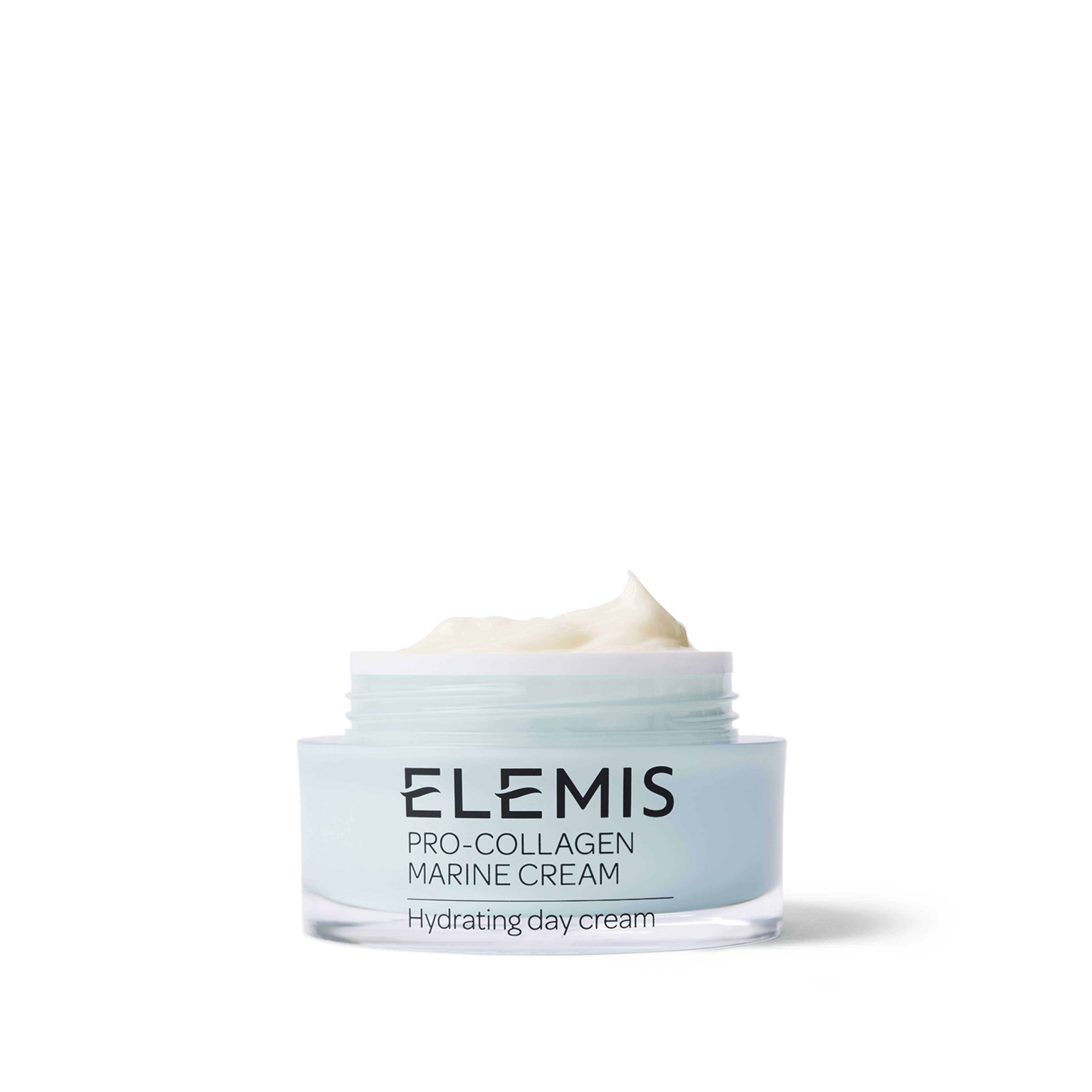 Open jar of Elemis Pro-Collagen Marine Cream Hydrating day cream.