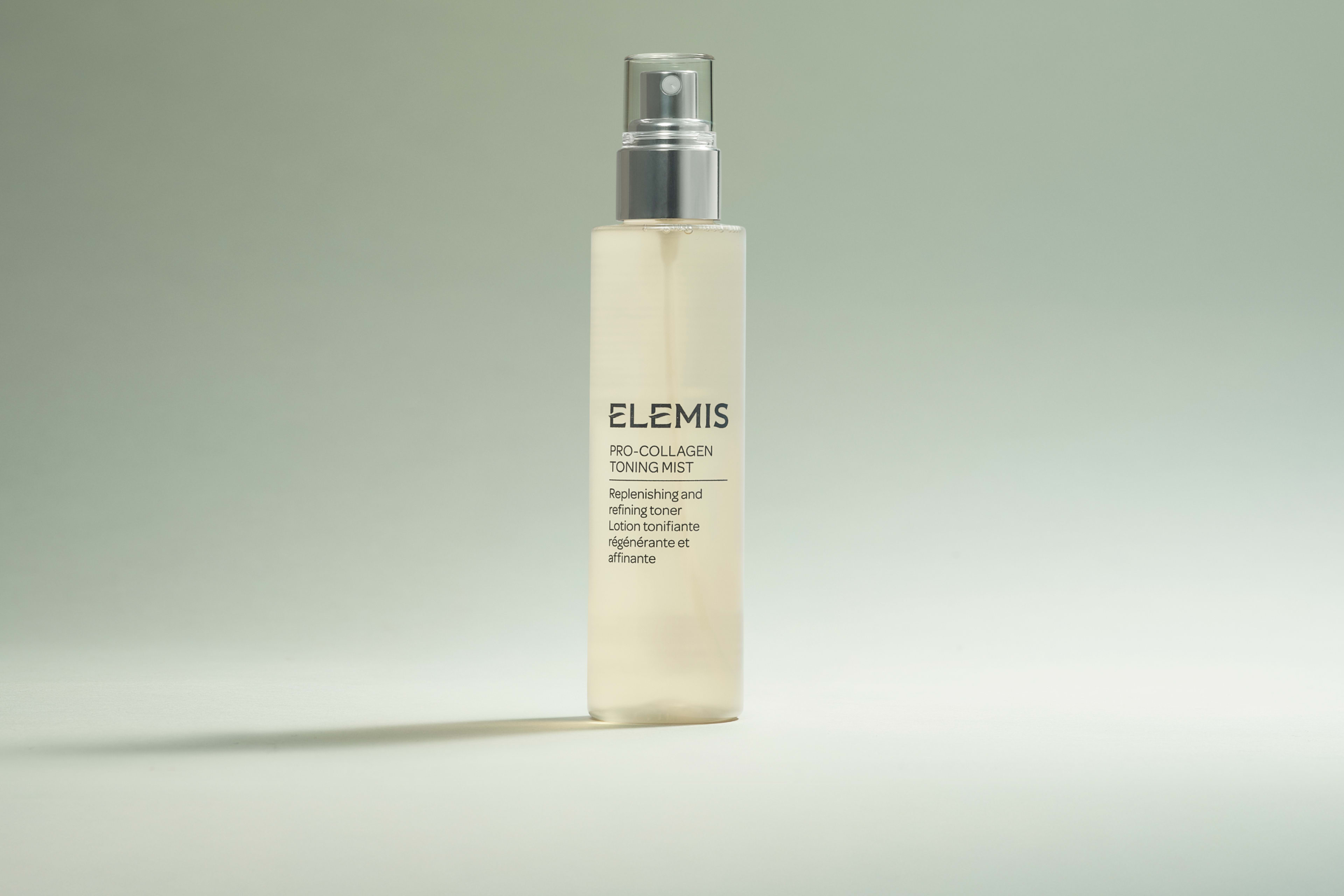 Elemis Pro-Collagen Toning Mist in a clear spray bottle.