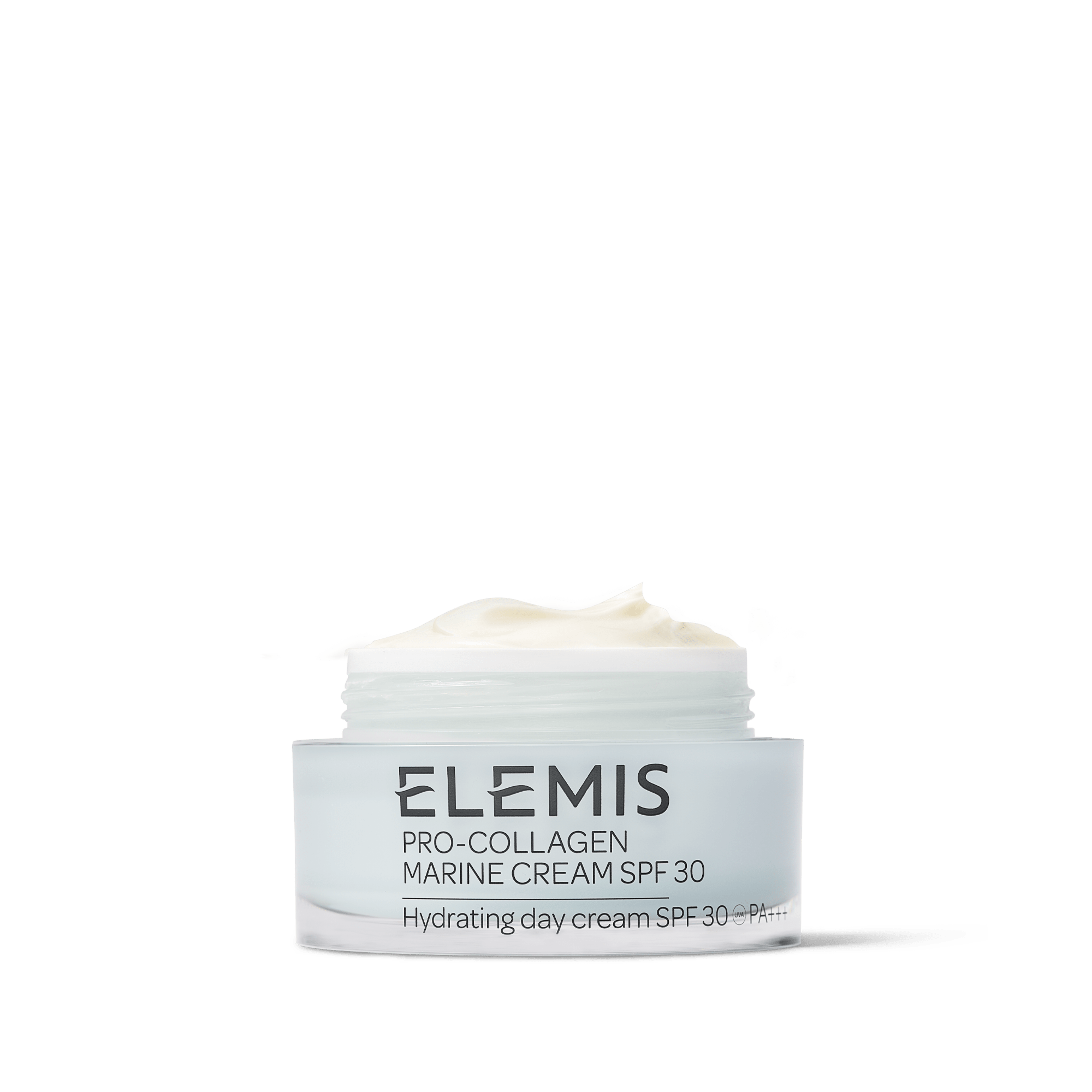 Open jar of Elemis Pro-Collagen Marine Cream SPF 30 Hydrating Day Cream.